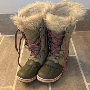 Sorel Beige/Olive and Pink Fur-Lined Winter Boots